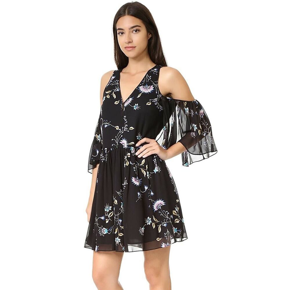 REBECCA MINKOFF Robbie Shift Dress Tropical Vine Black Cold Shoulder Medium NWT